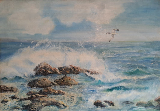 JOAN PINKHAM Vintage Seascape Oil Painting On Board "Gibralta"