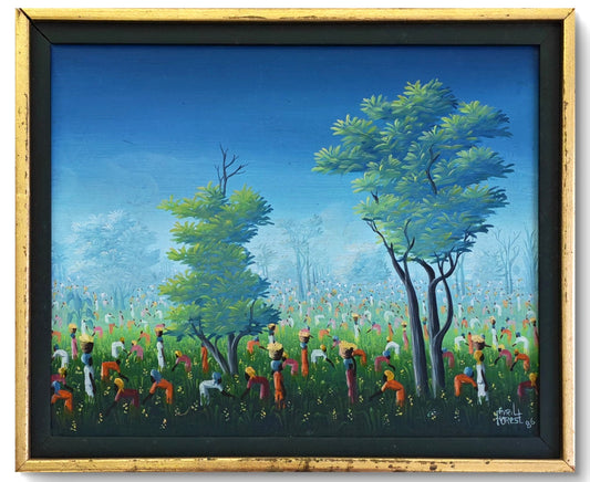 Original oil painting by Avril Forest titled "Plantation Harvest Scene," depicting a vibrant rural harvest in warm tones.