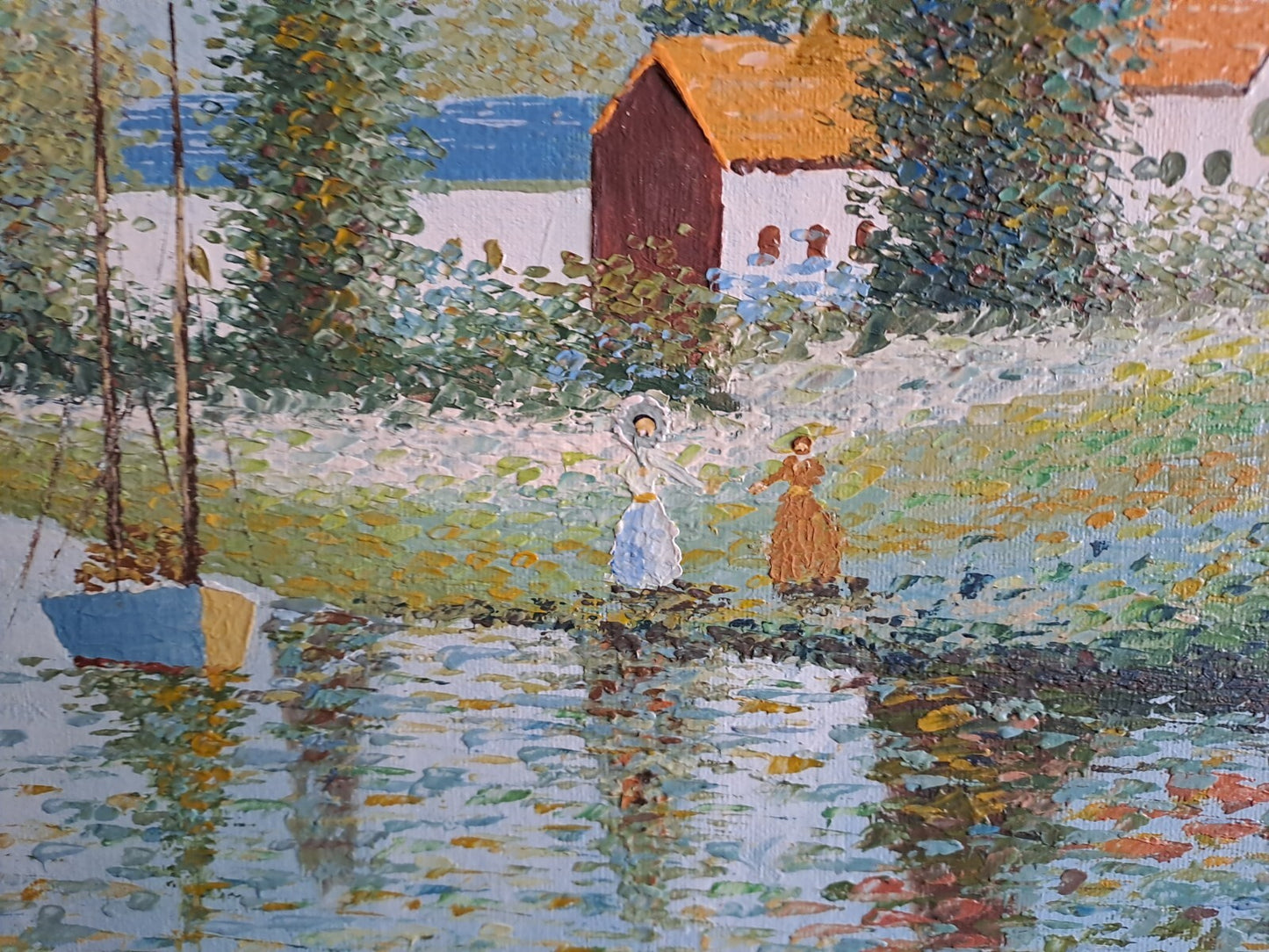 Oil on Canvas Lake Scene Boats and Figures