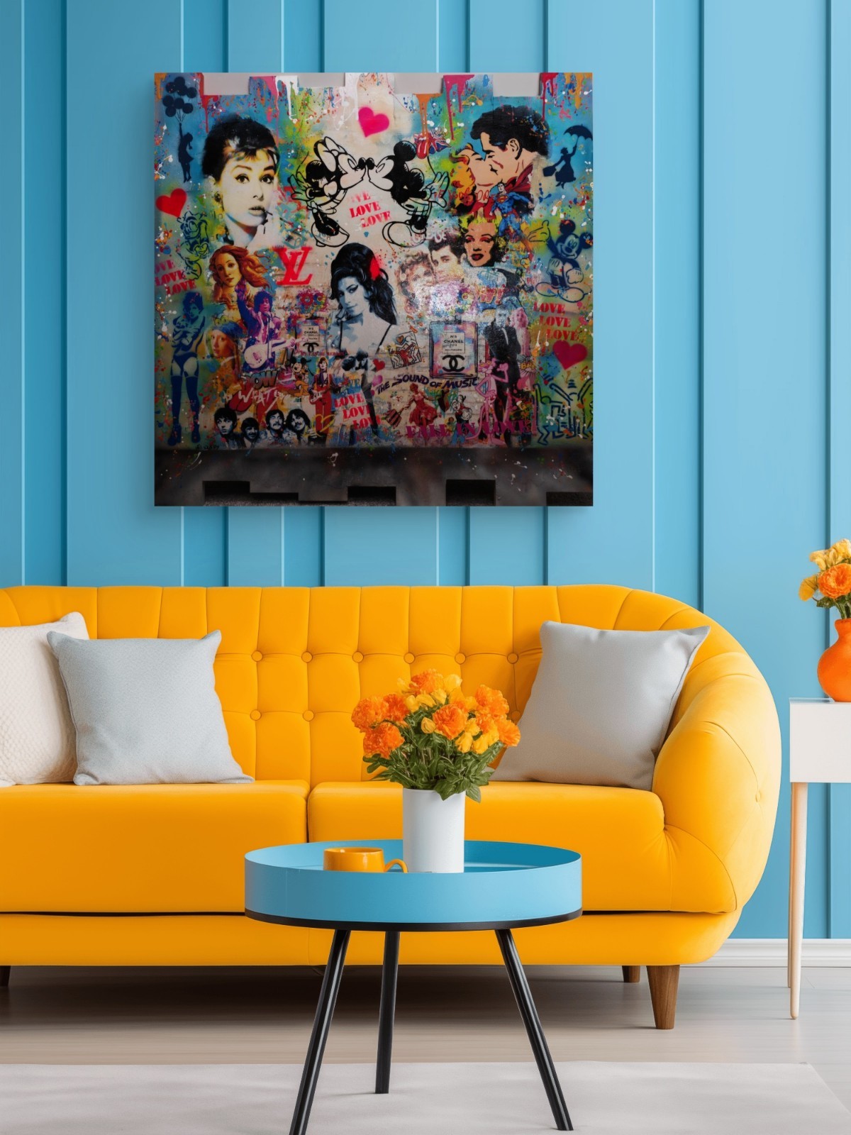 Large signed mixed media art piece titled "Love Love Love" by URI DUSHY, mounted on engineered wood, from Curated Treasures.