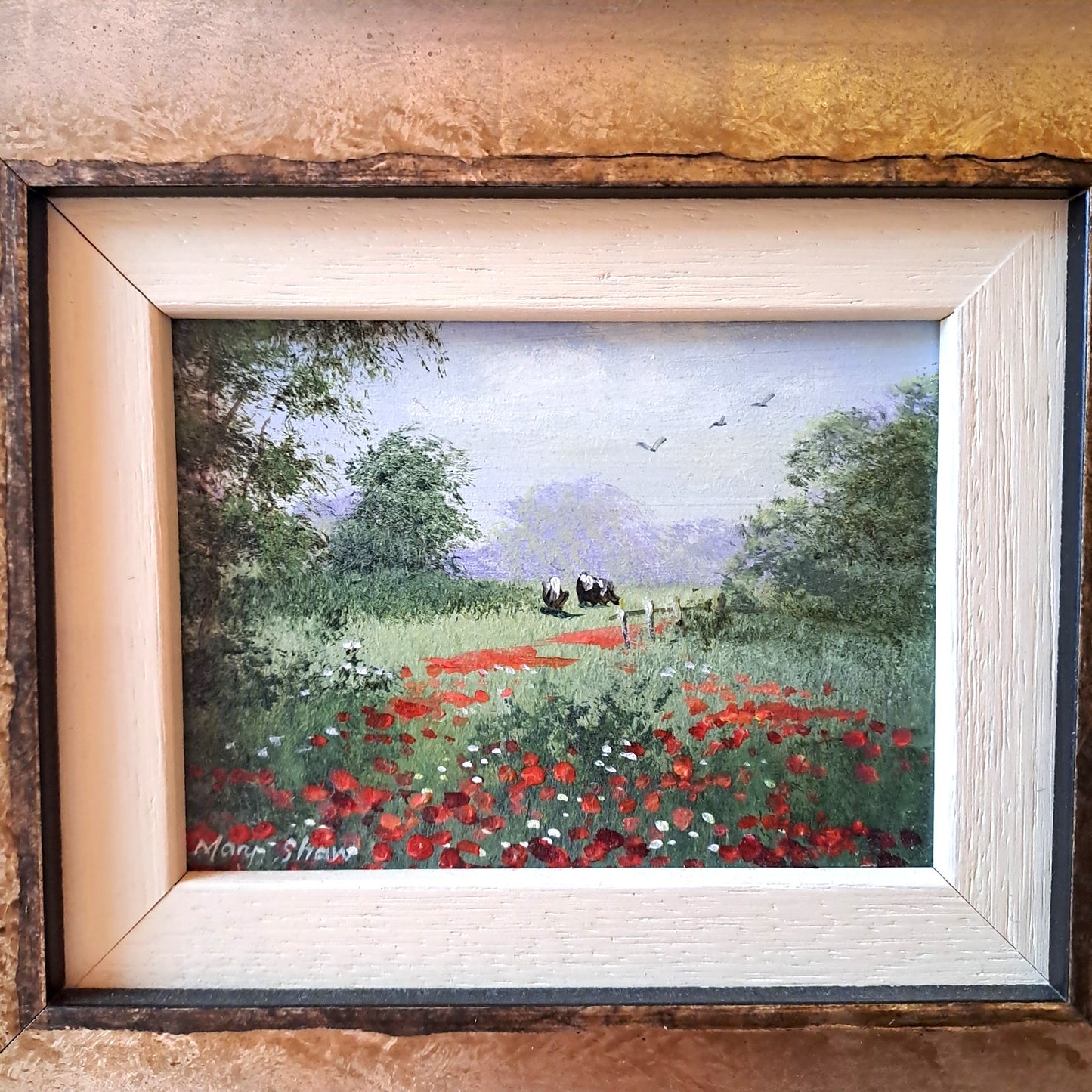 MARY SHAW Framed Original Miniature Oil Painting Poppies and Cows