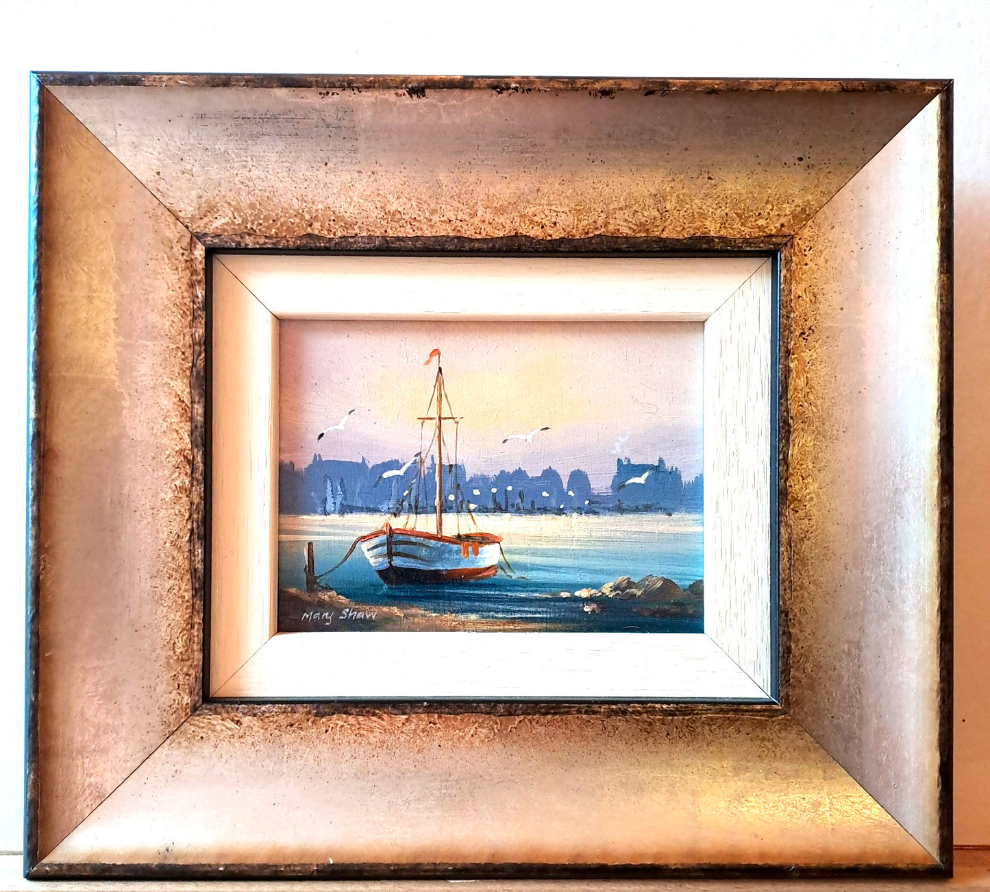 MARY SHAW Framed Original Miniature Oil Painting "Docked Boat"