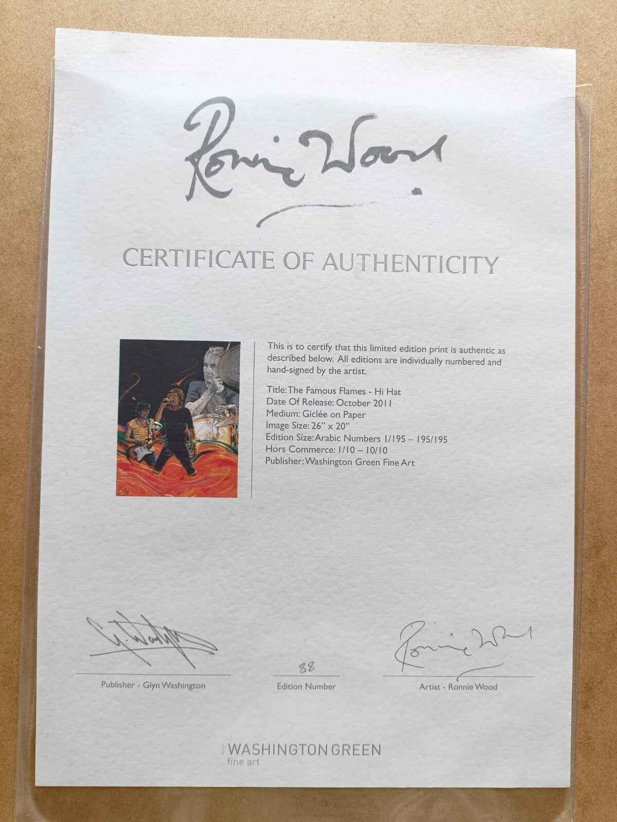 RONNIE WOOD Limited Edition Print 'The Famous Flames - Hi Hat' + COA 88/195
