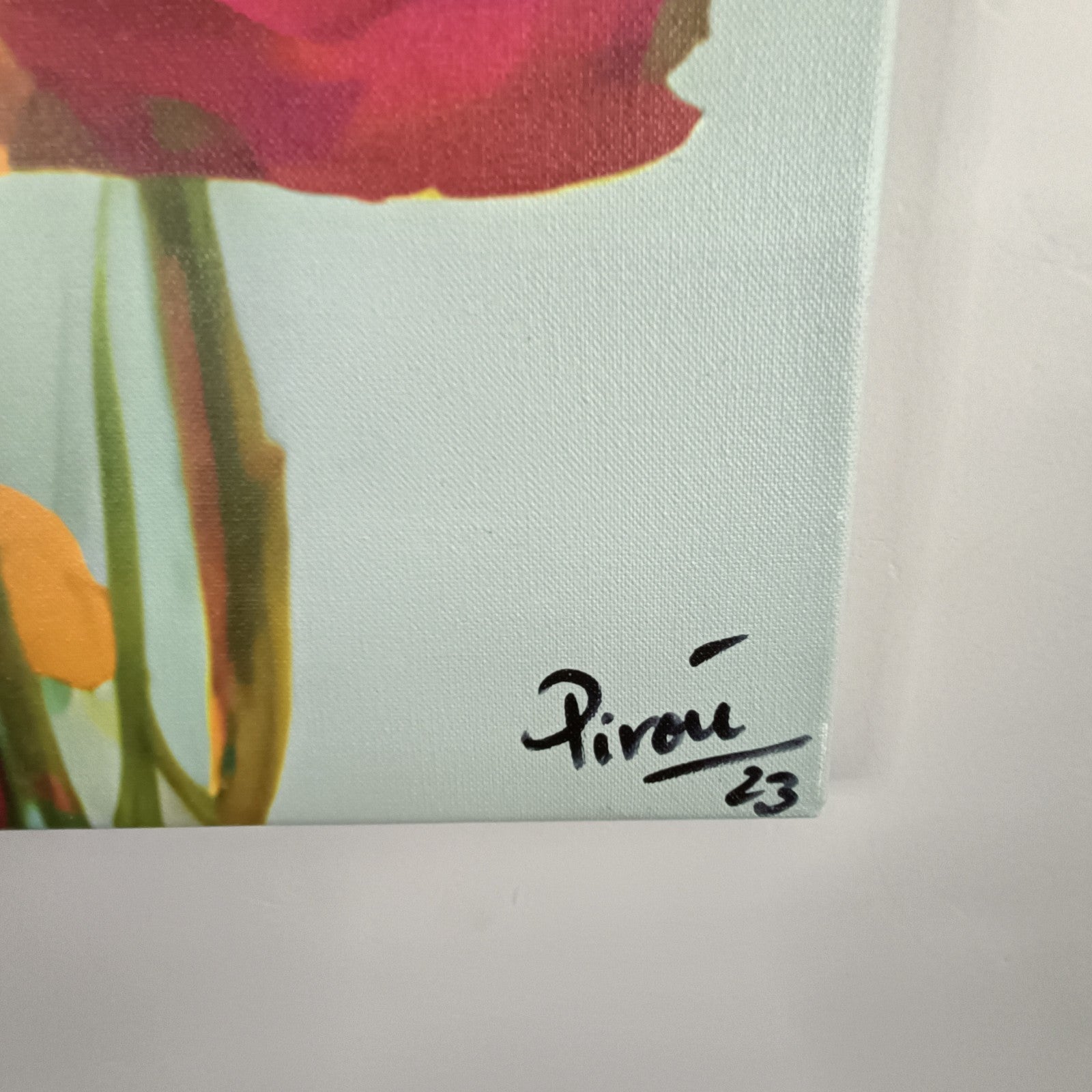 Large signed canvas print of Peter 'Pirou' Koenig artwork by Curated Treasures, featuring vibrant abstract design on textured canvas.