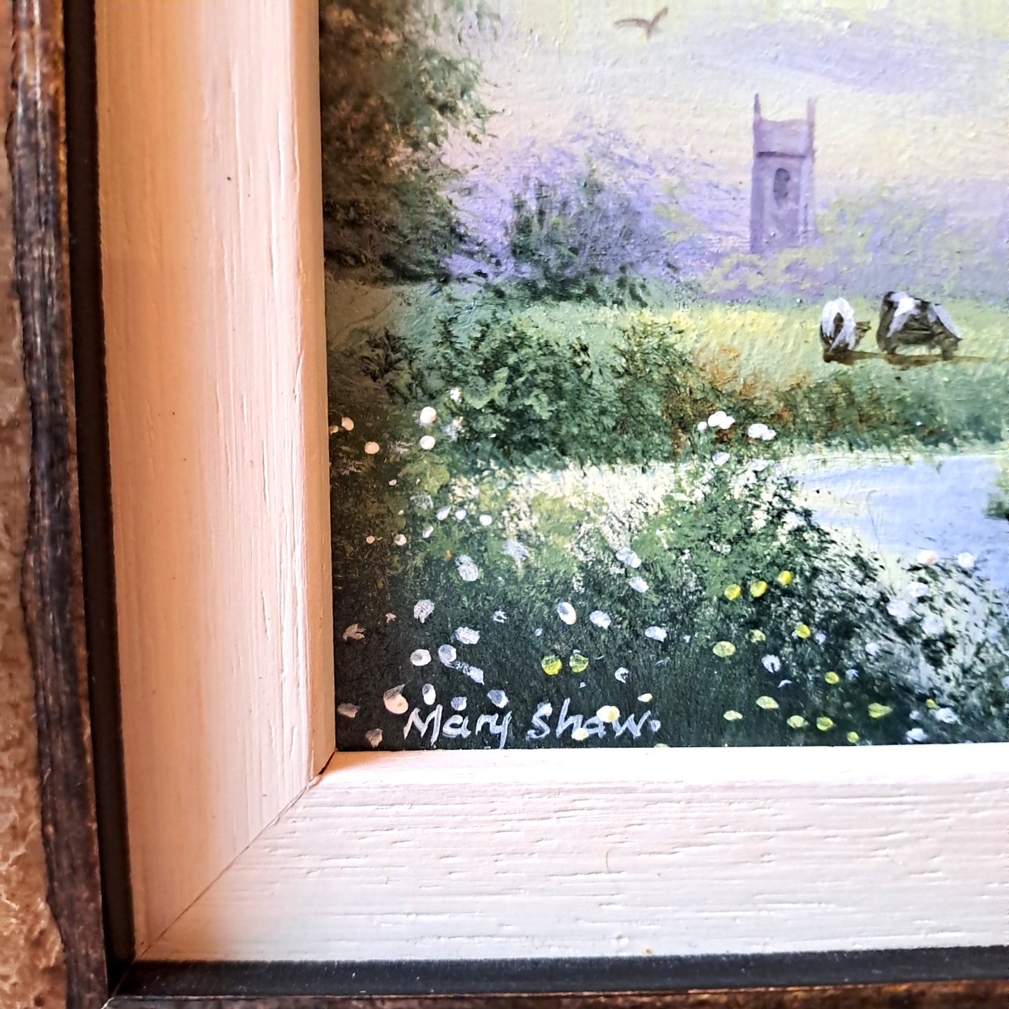 MARY SHAW Framed Original Miniature Oil Painting Cows, River and Church