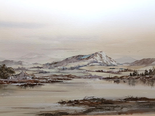 ALLAN MORGAN Original Watercolour Painting Snowy mountain and lake scene