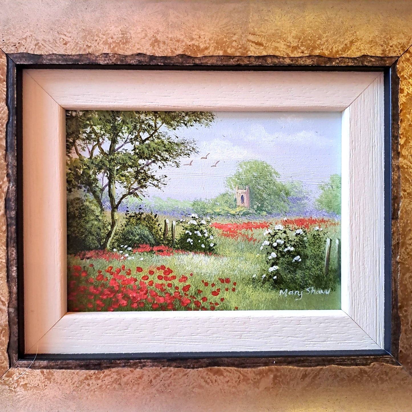 MARY SHAW Framed Original Miniature Oil Painting Poppies and Church 2