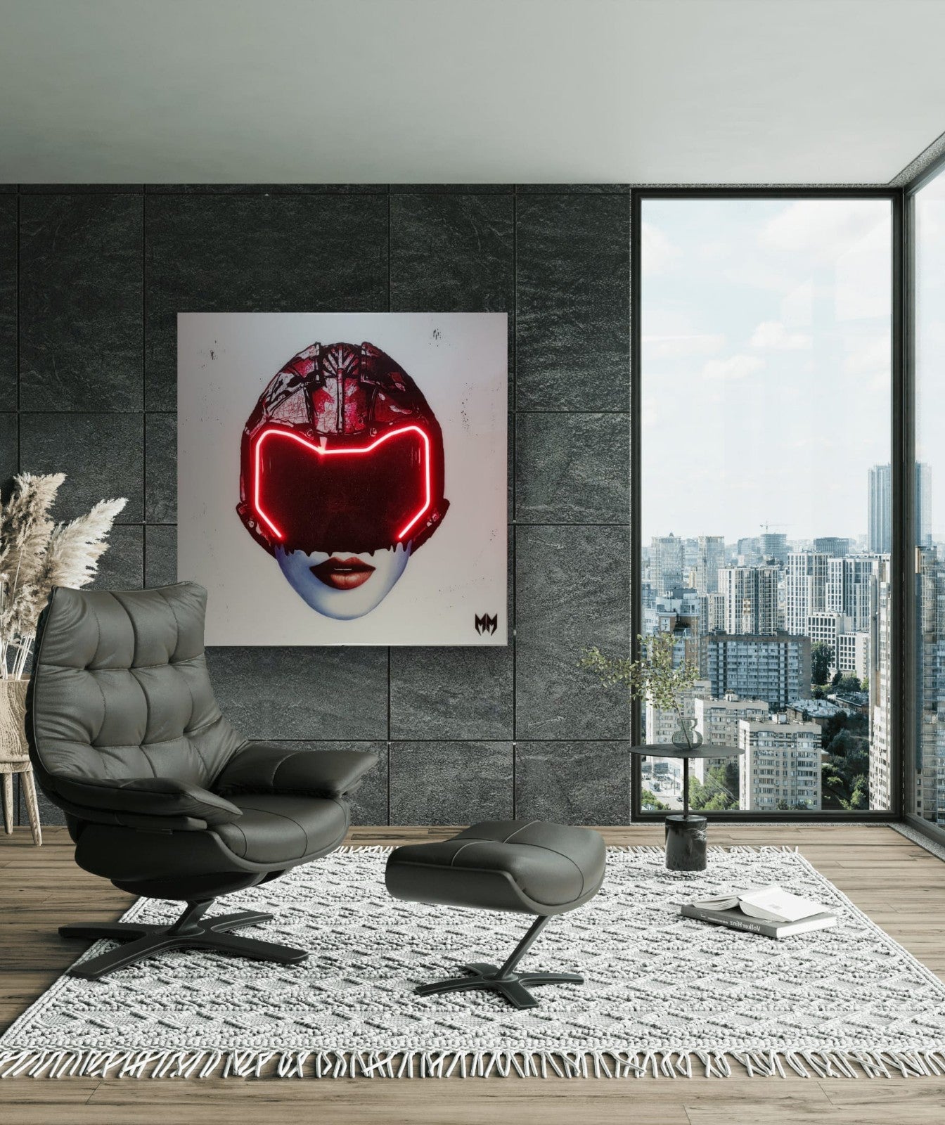 Large LED artwork by MAXIM, titled "Girls Future (Red)," featuring vibrant red lights and bold typography, signed by Keith A Palmer.