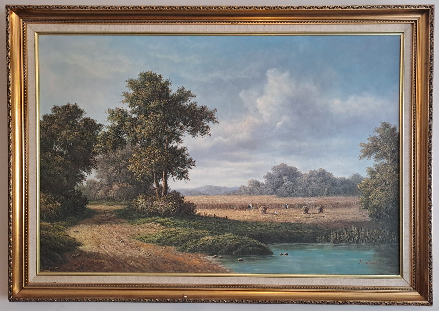 P WILSON Large Vintage Oil Embellished Print "Study of Harvesters"