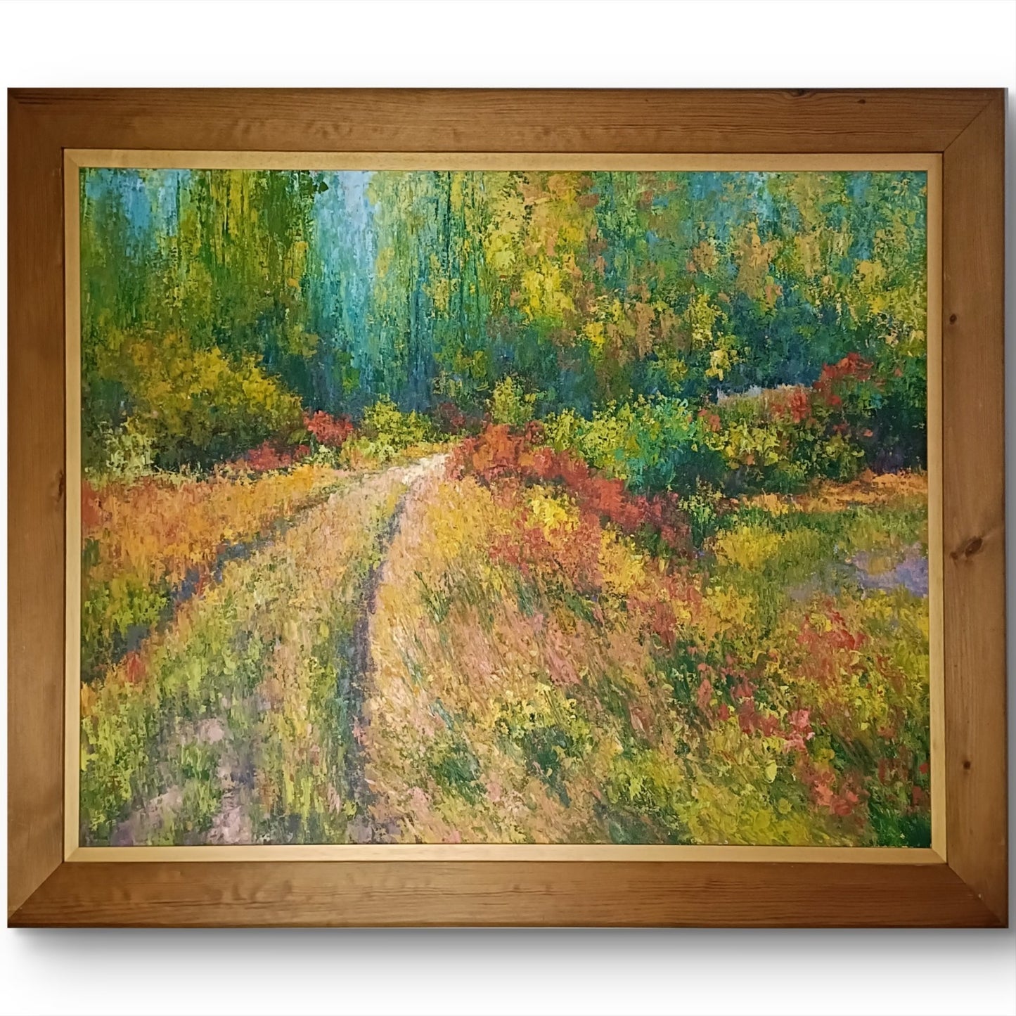 Original oil on canvas painting by June Dudleston titled “The Path to the Wood,” featuring a scenic woodland pathway.
