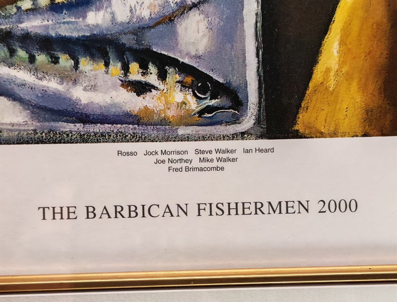 Framed limited edition art print of "Barbican Fishermen 2000" by Robert Lenkiewicz, signed and numbered 3 of 20.