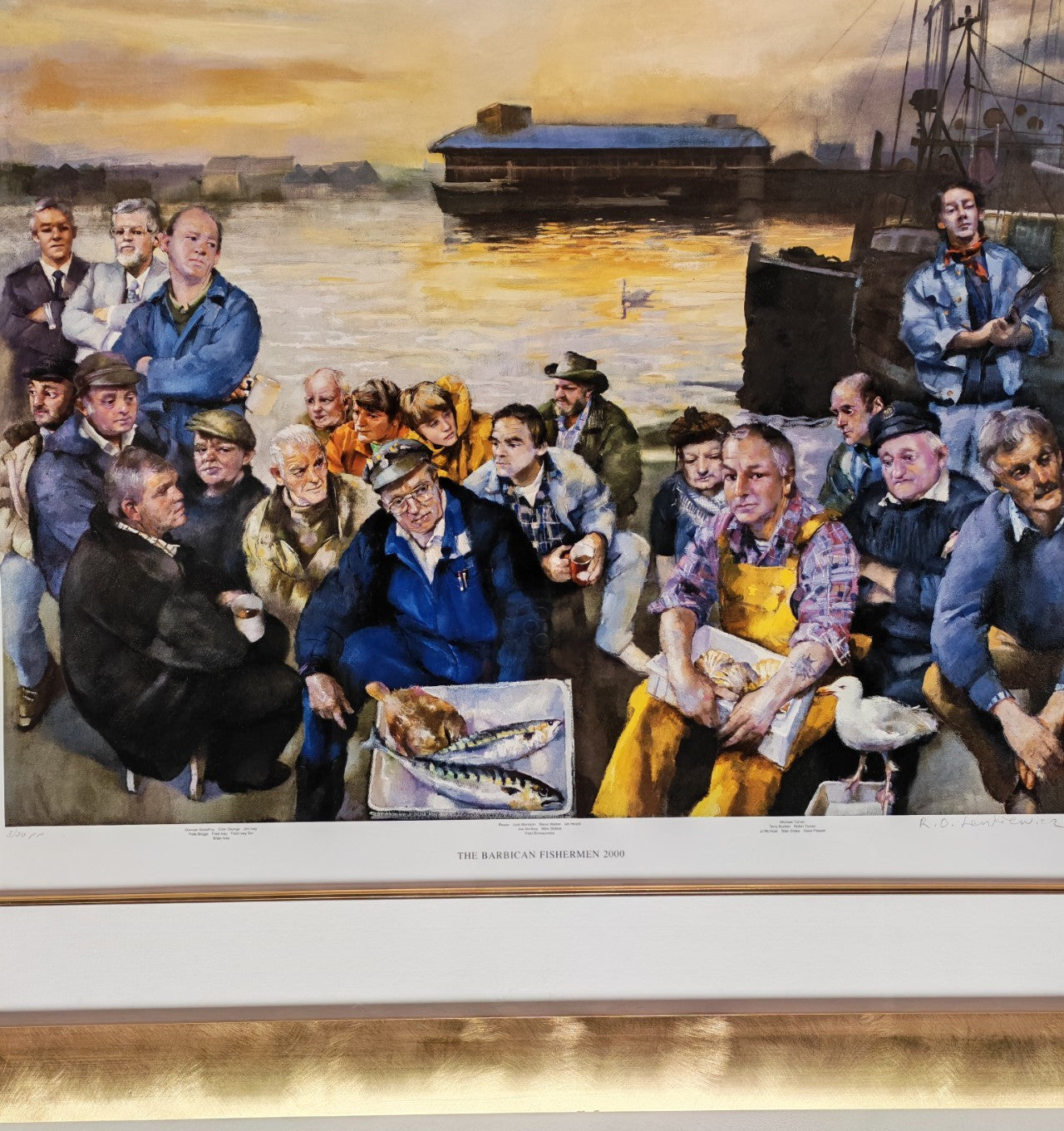 Framed limited edition artwork by Robert Lenkiewicz titled "Barbican Fishermen 2000," signed and numbered 3 of 20 PP, with intricate details.