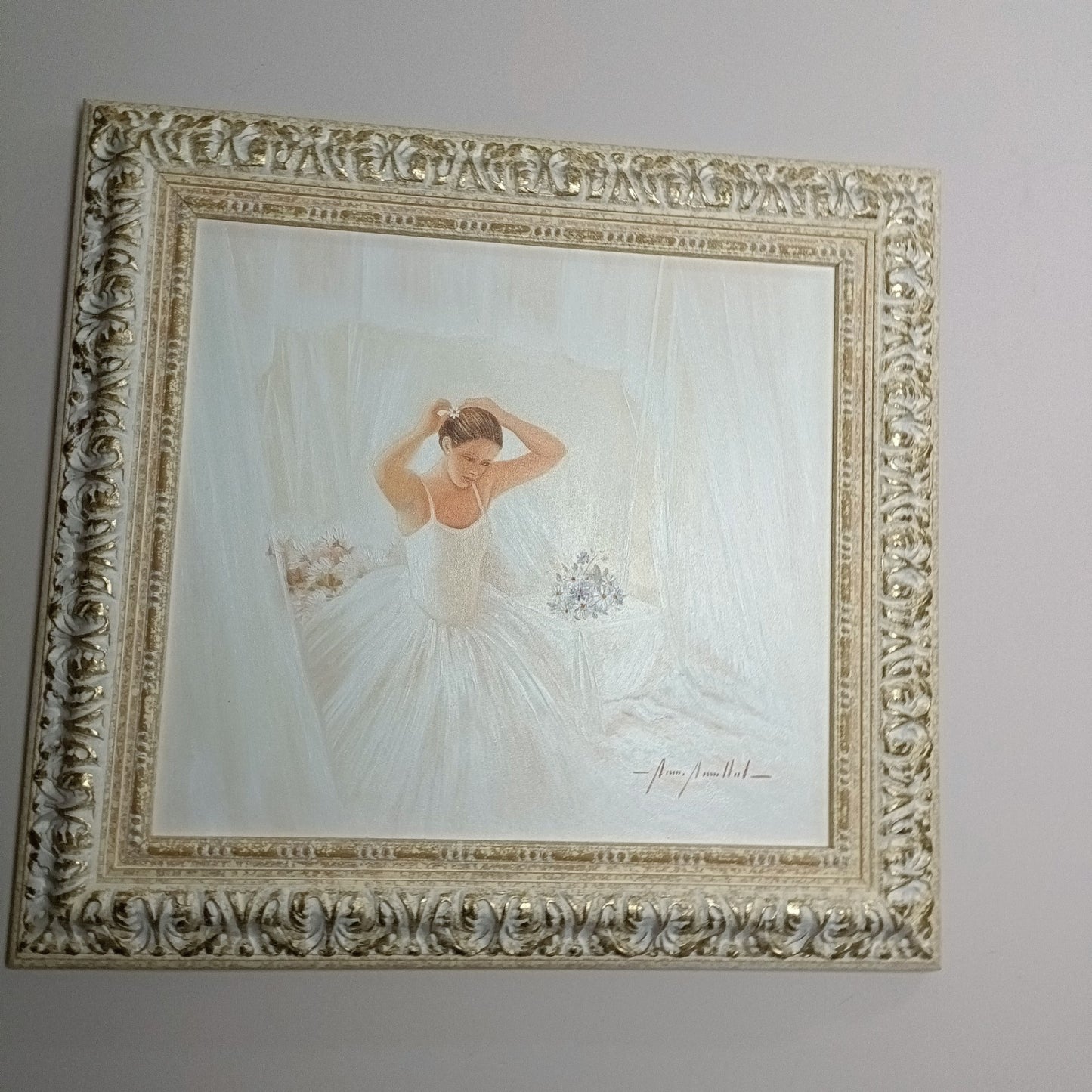 Framed signed oil painting of a seated ballerina by Marisa Mallol, part of the Curated Treasures collection, art in elegant frame