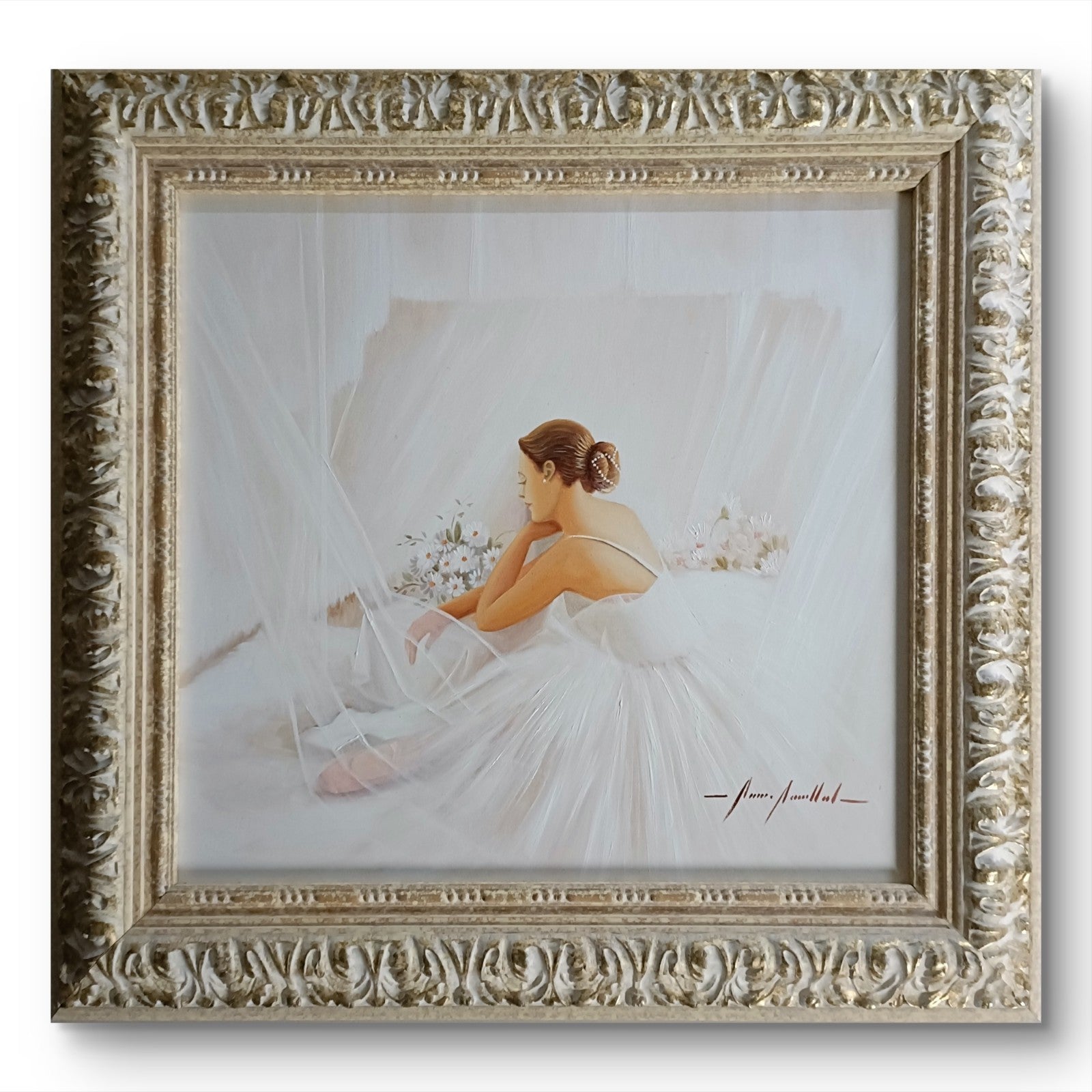 Framed signed oil painting of a seated ballerina by Marisa Mallol, displayed in a classic art frame, vibrant and detailed artwork.