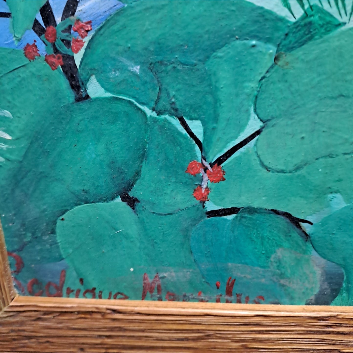 RODRIGUE MERVILUS (b.1947) Oil on Board "Colourful jungle scene w/ wild animals"