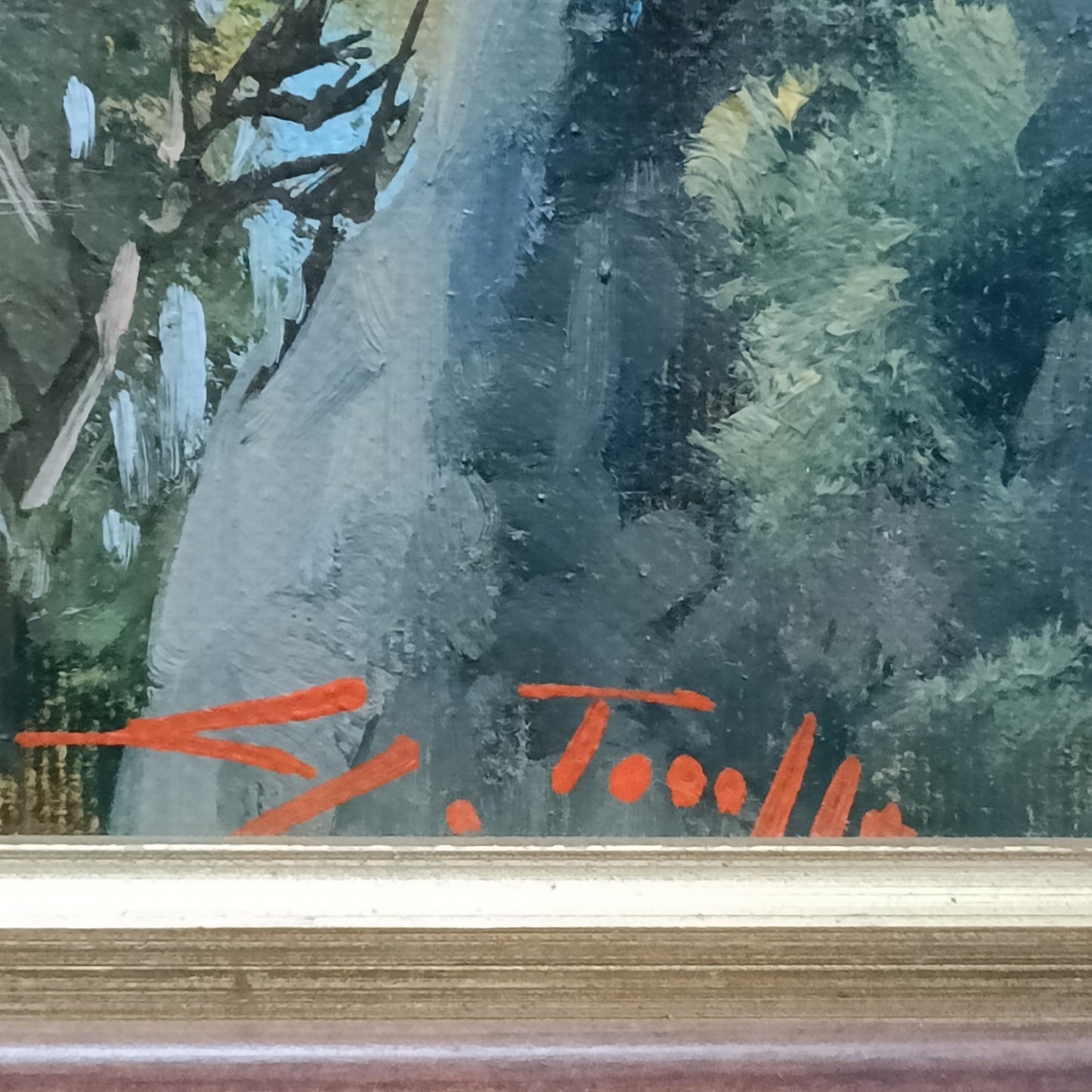 Signed framed original oil painting by Giuseppe Torella depicting the scenic Amalfi Coast, featuring vibrant coastal landscape details.