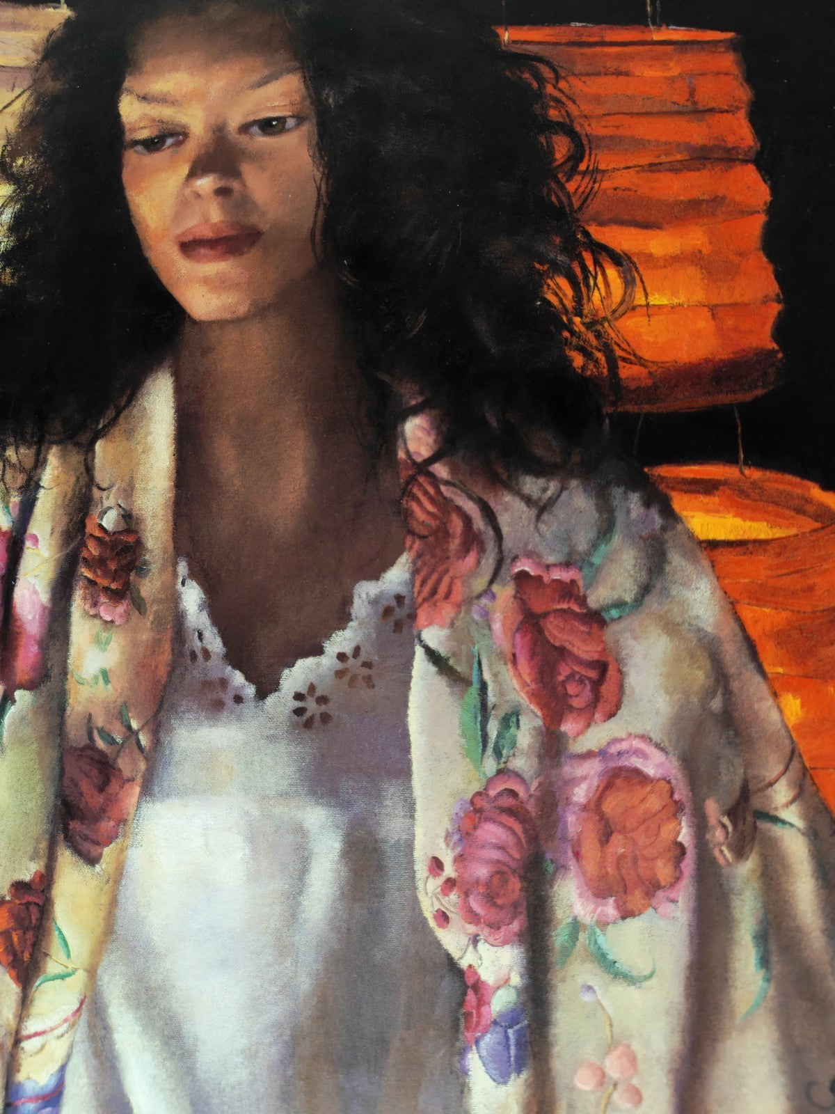 Signed limited edition print of Robert Lenkiewicz's "Anna With Paper Lanterns" showing the artwork with vibrant colors and intricate details.