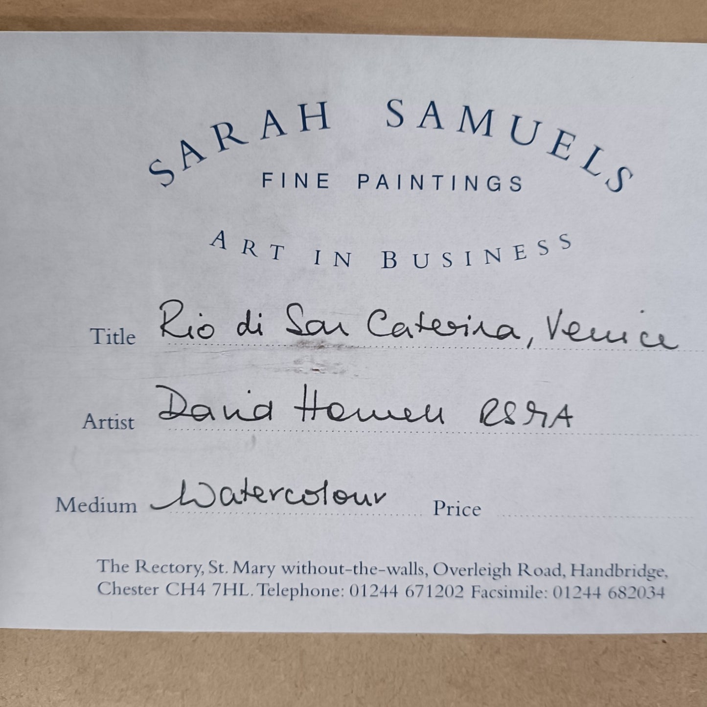 DAVID HOWELL RSMA Original Watercolour "Rio De Santa Caterina, Venice"