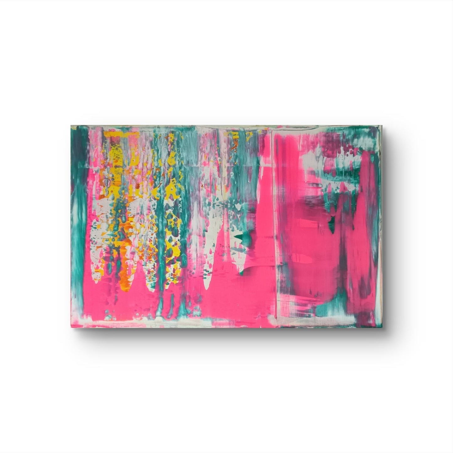 Signed original abstract diptych paintings titled "Pink Mountains" by Curated Treasures, featuring vibrant pink mountain landscapes.