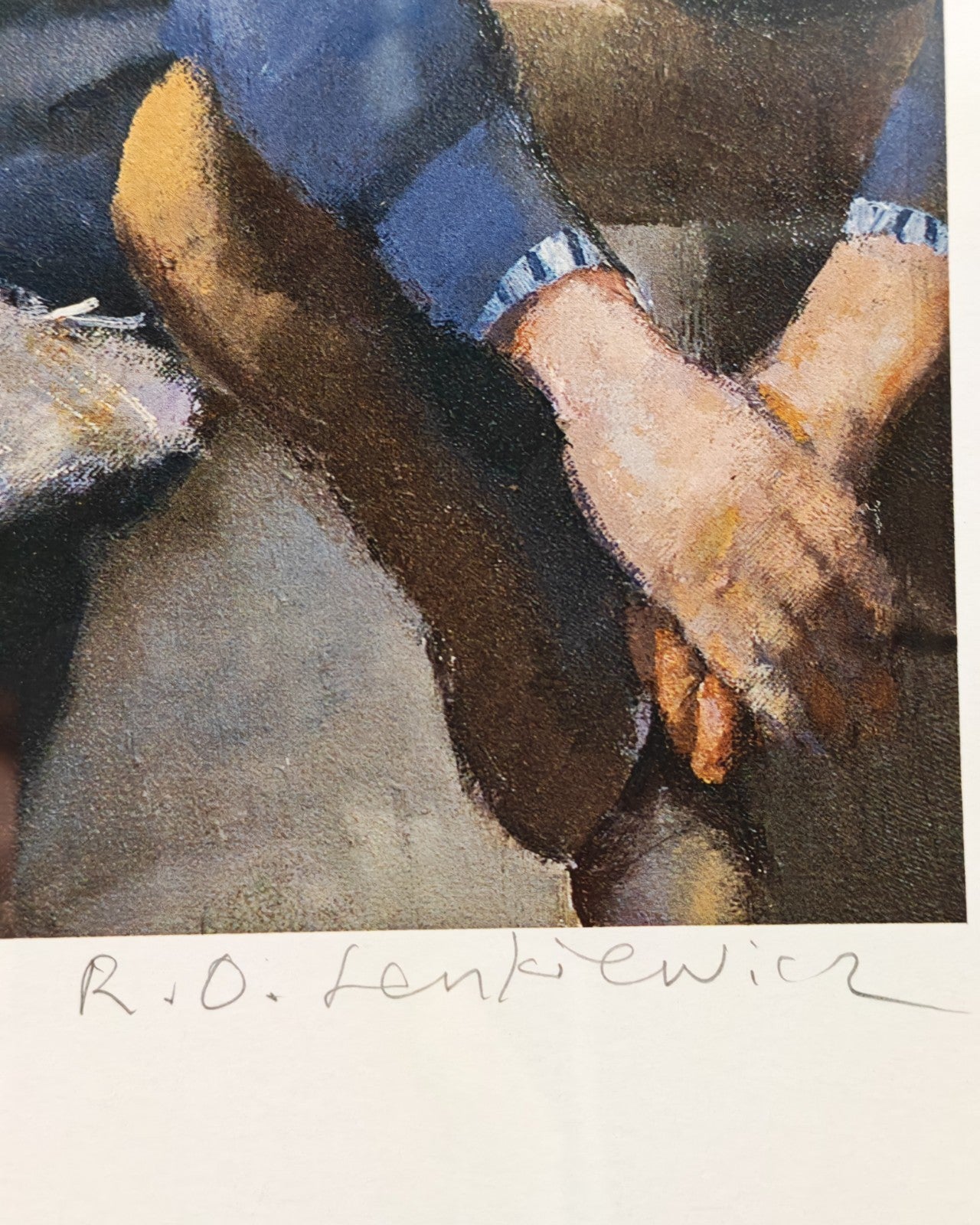 Signed framed limited edition print of Robert Lenkiewicz's "Barbican Fishermen 2000," numbered 3 of 20, by Curated Treasures.