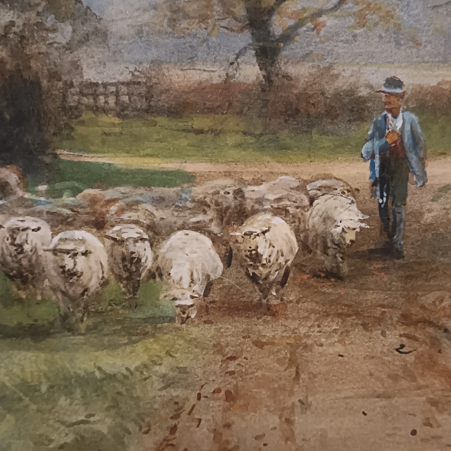 HENRY CHARLES FOX RBA (1860-1929) Signed Large Watercolour Shepherd  with Sheep