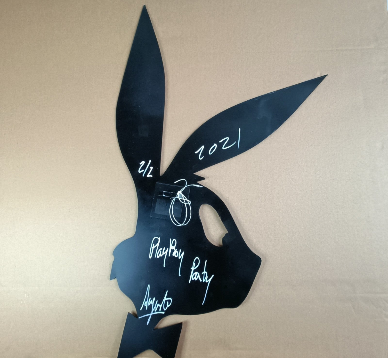 Original multi-media artwork titled "Playboy Party" by Auguste, featuring vibrant colors and dynamic composition.