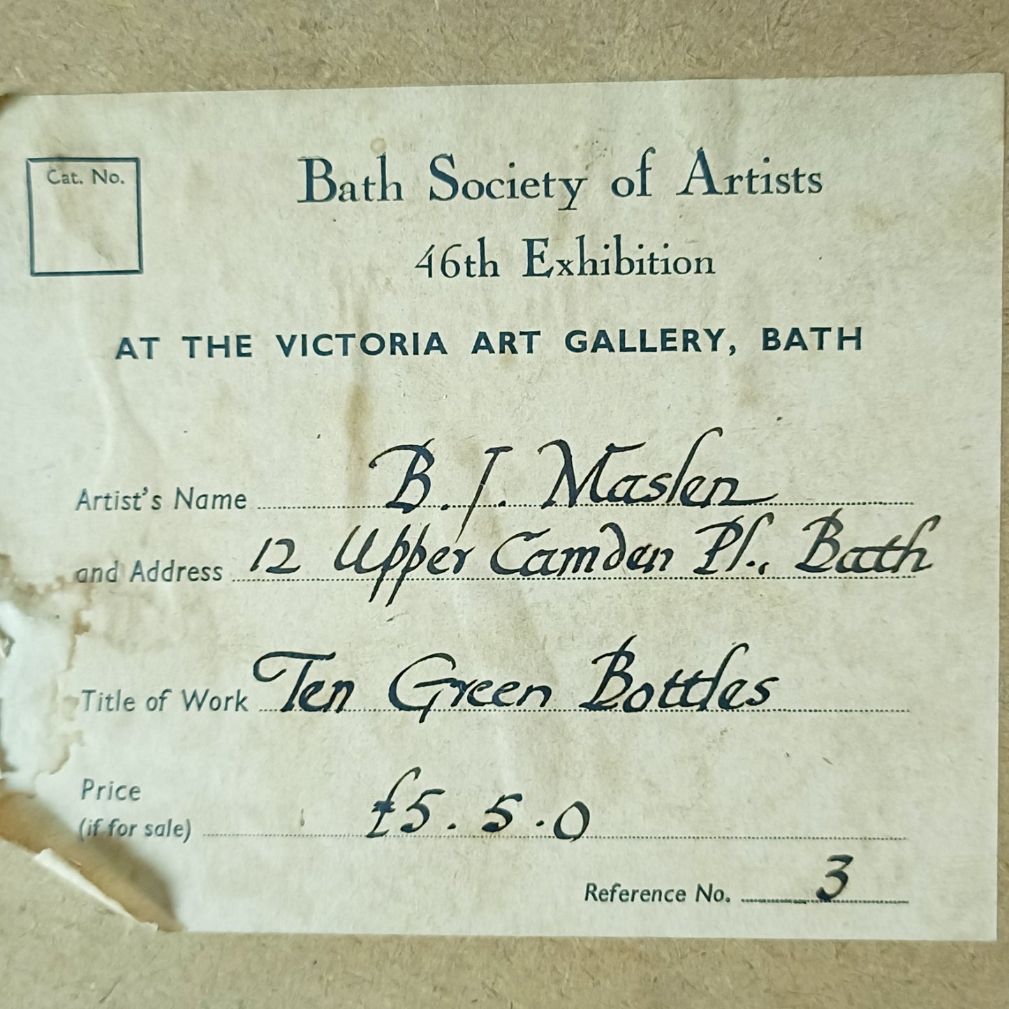 B.J. MASLEN  Original Pastel and Chalk "Ten green bottles"