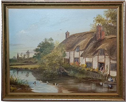 Framed original oil on canvas artwork by Curated Treasures featuring Thatch Cottage on River Nadder landscape scene.