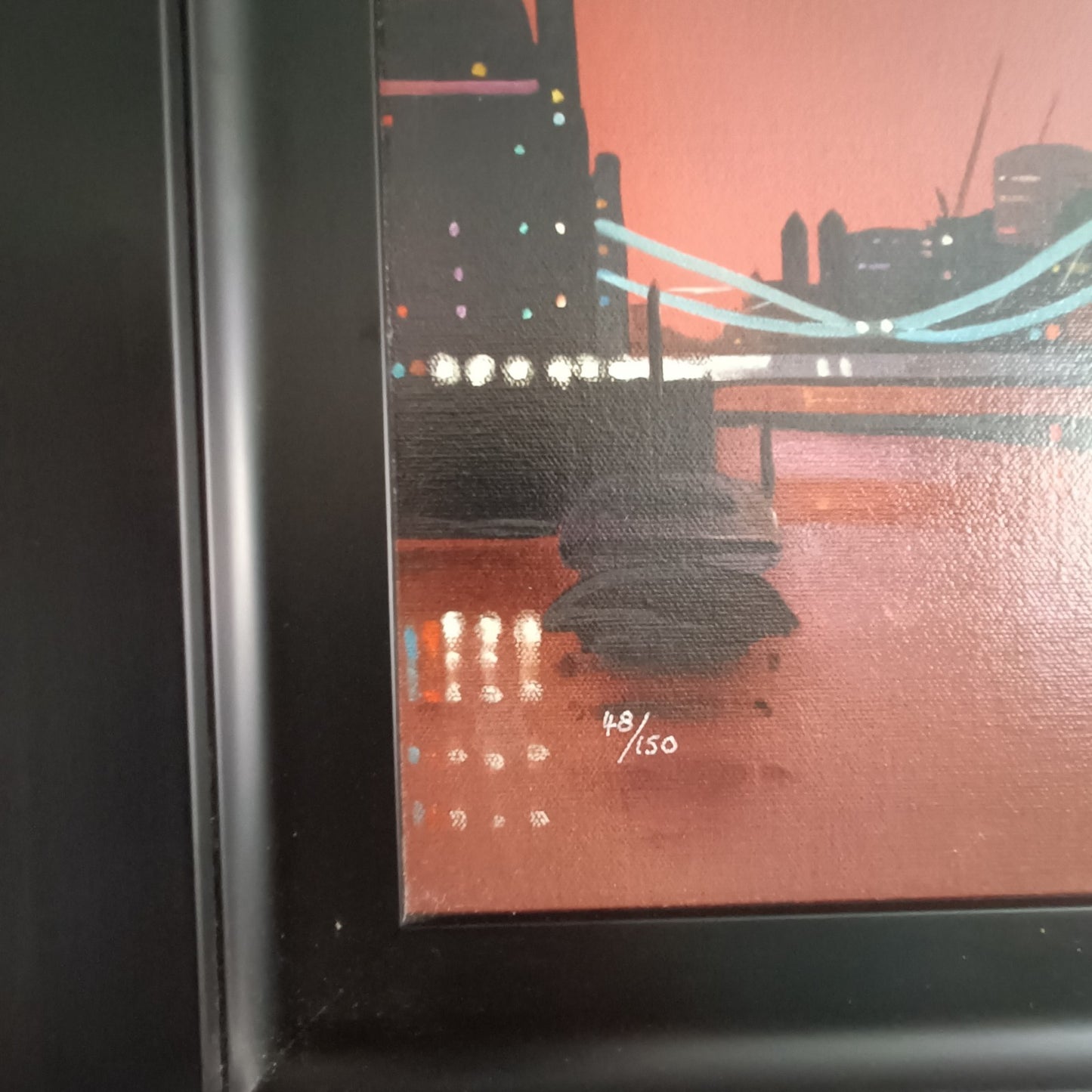 Signed limited edition Neil Dawson print titled "Twilight at Tower Bridge" showing a detailed view of the artwork with edition number 48/150.