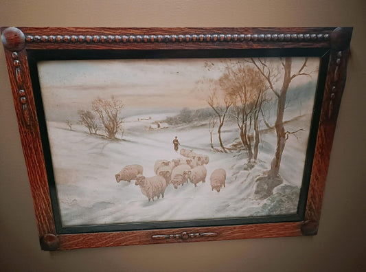 A Pair of Vintage/Antique Pictures Featuring Sheep in Snowy Landscapes