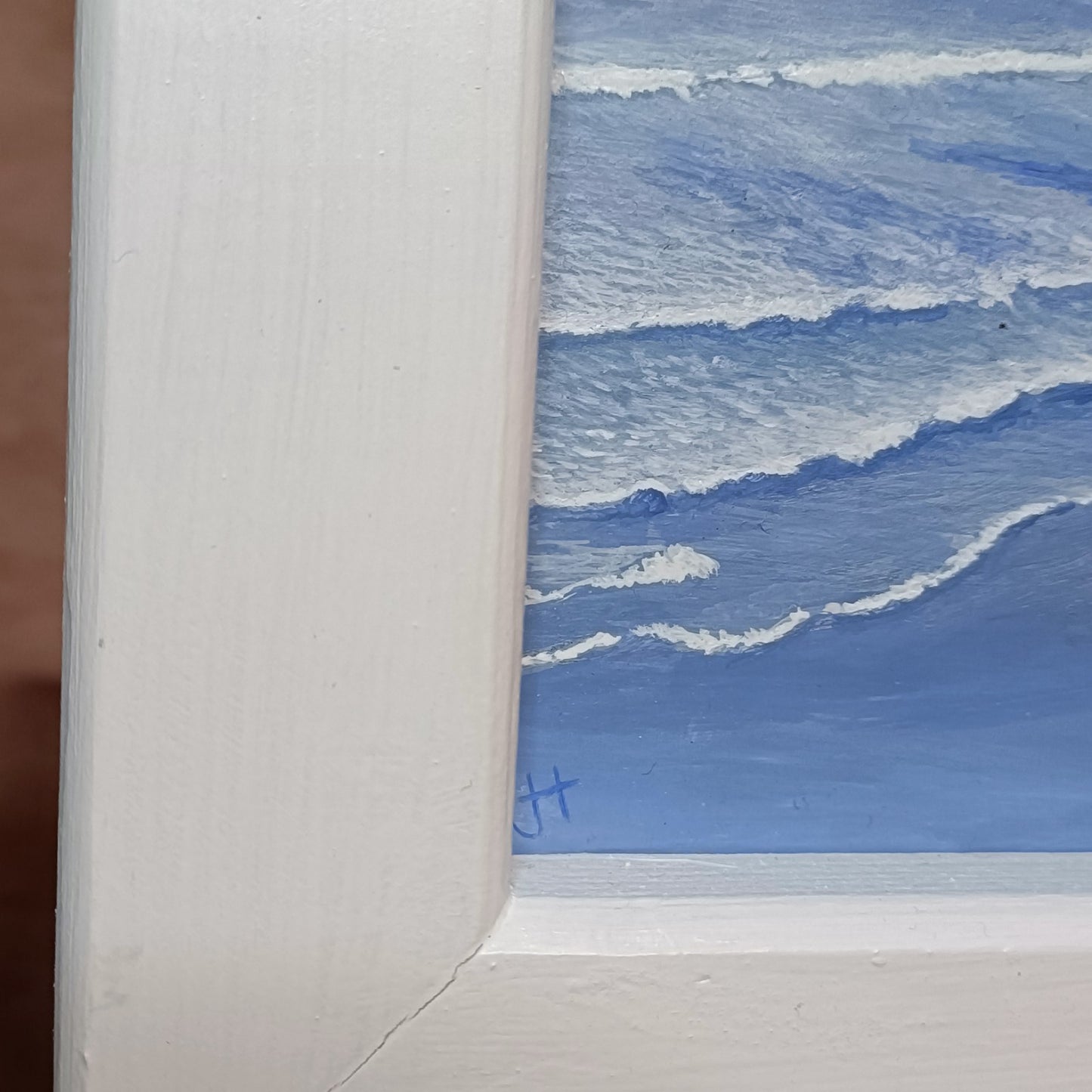 Framed signed original oil on board by Jan Merrick Horn, "Whipsiderry Beach" artwork, with vibrant coastal scene and textured brushstrokes.