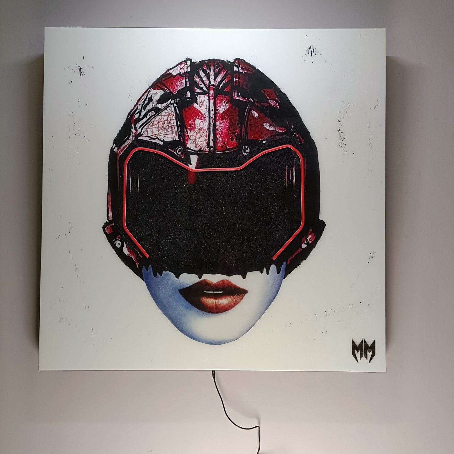 Large LED artwork by MAXIM titled "Girls Future" in red, featuring vibrant LED lights and bold design, part of Keith A Palmer's collection.