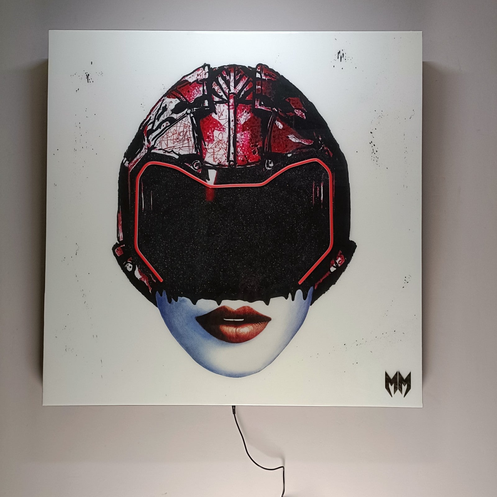 Large LED artwork by MAXIM titled "Girls Future" in red, featuring vibrant LED lights and bold design, part of Keith A Palmer's collection.