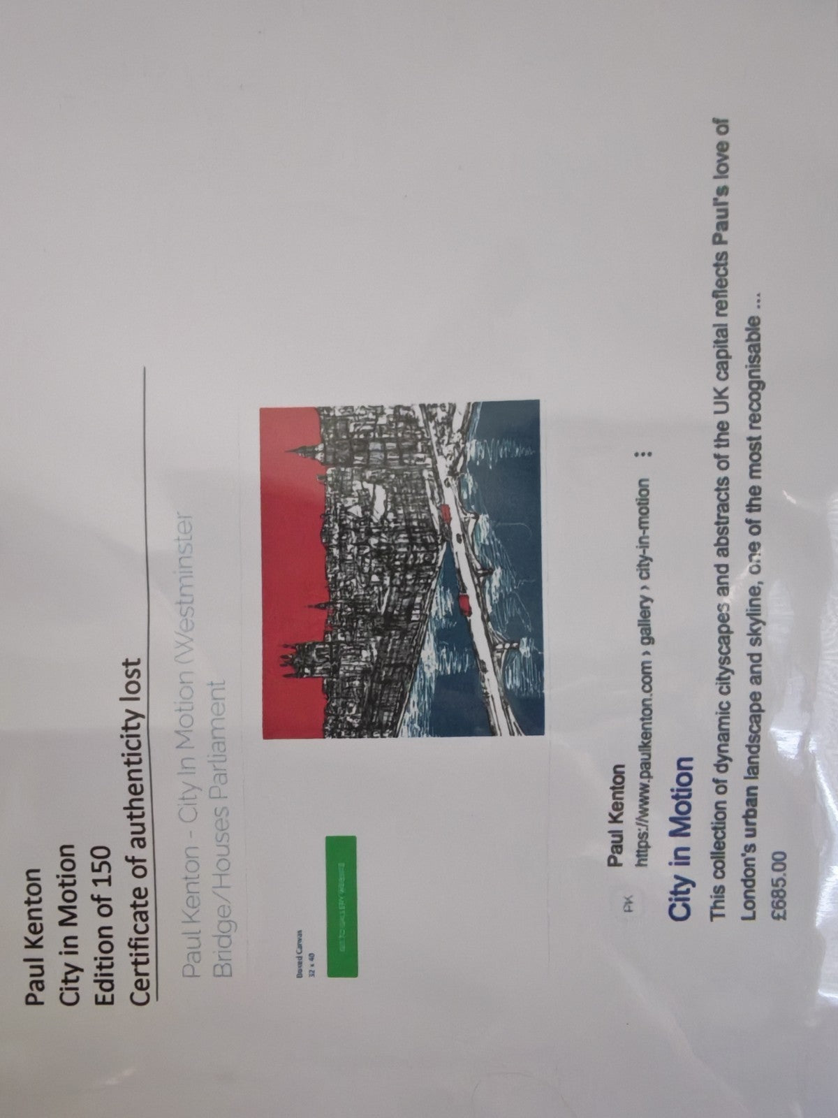 PAUL KENTON Signed Limited Edition Boxed Canvas “City in Motion”