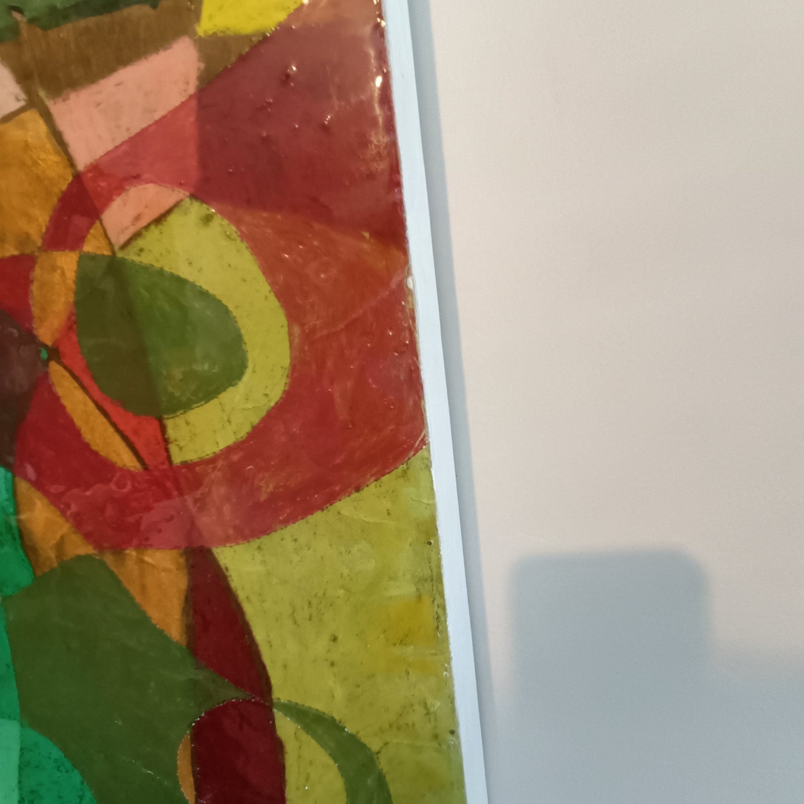 Large mixed media art piece titled "After Picasso, Pink and Green" by Julia Noble, featuring vibrant pink and green abstract designs.