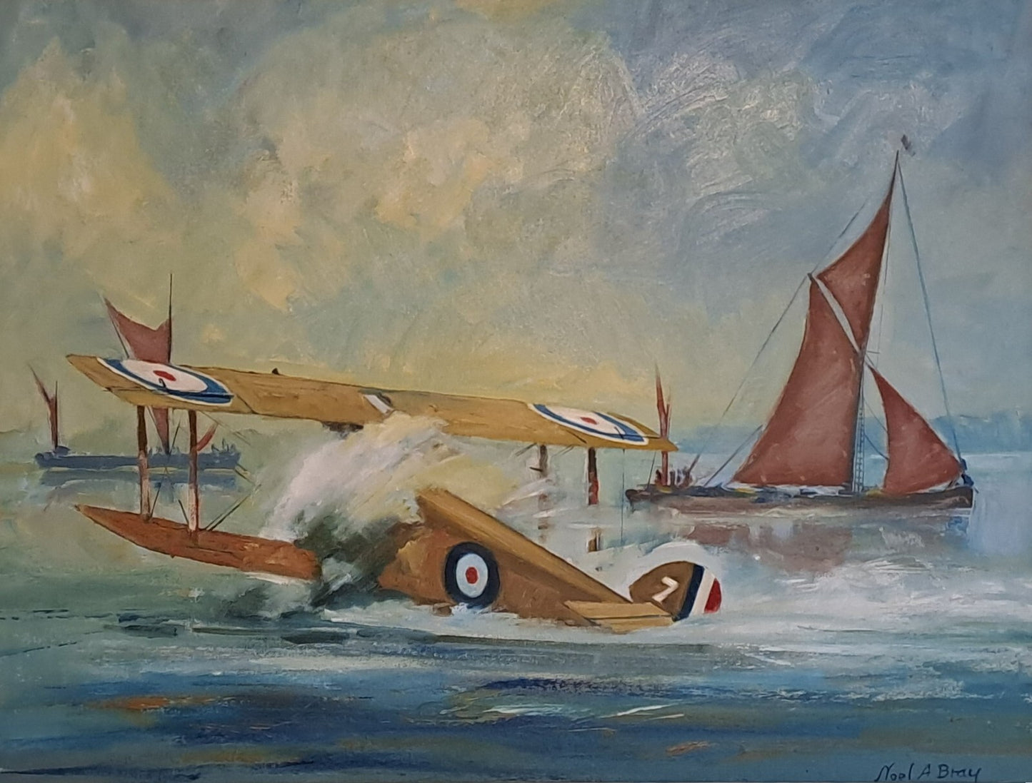 NOEL A BRAY Original Oil Painting on Board "Sopwith camel crash landing"
