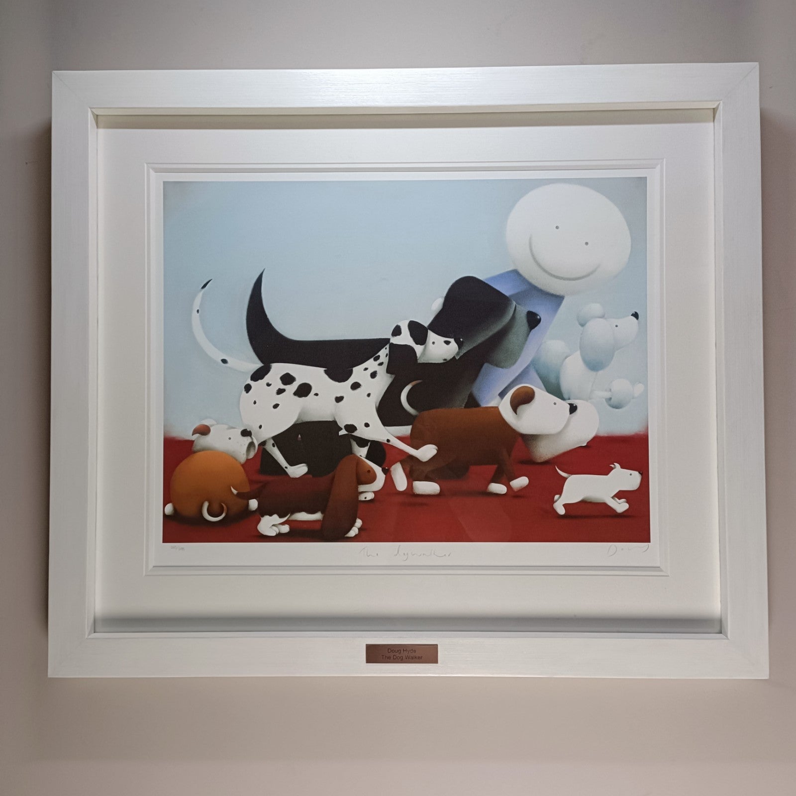 Rare framed Doug Hyde limited edition print "The Dog Walker," numbered 265 of 295, featuring detailed artwork of a dog walker scene.