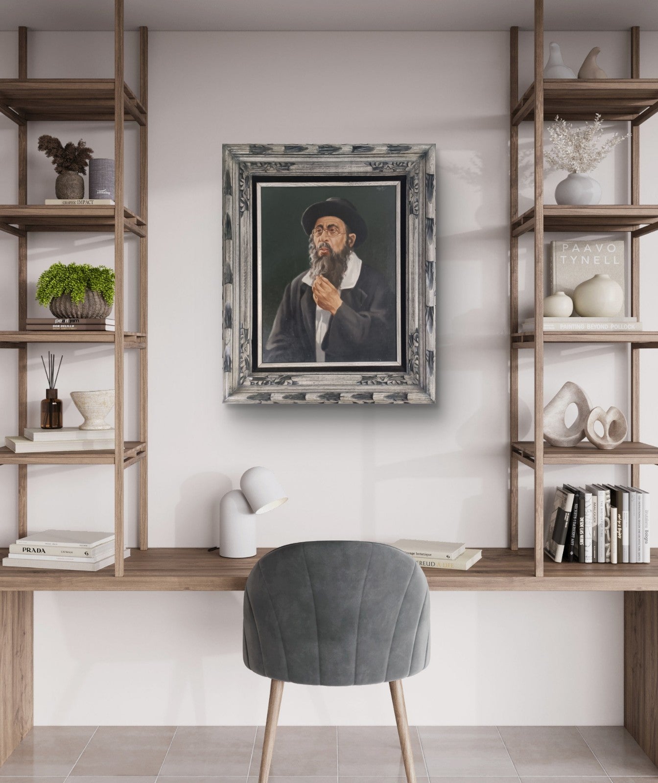 Original oil on canvas portrait of a rabbi by Solomon Leski, black and grey framed artwork, from Curated Treasures.