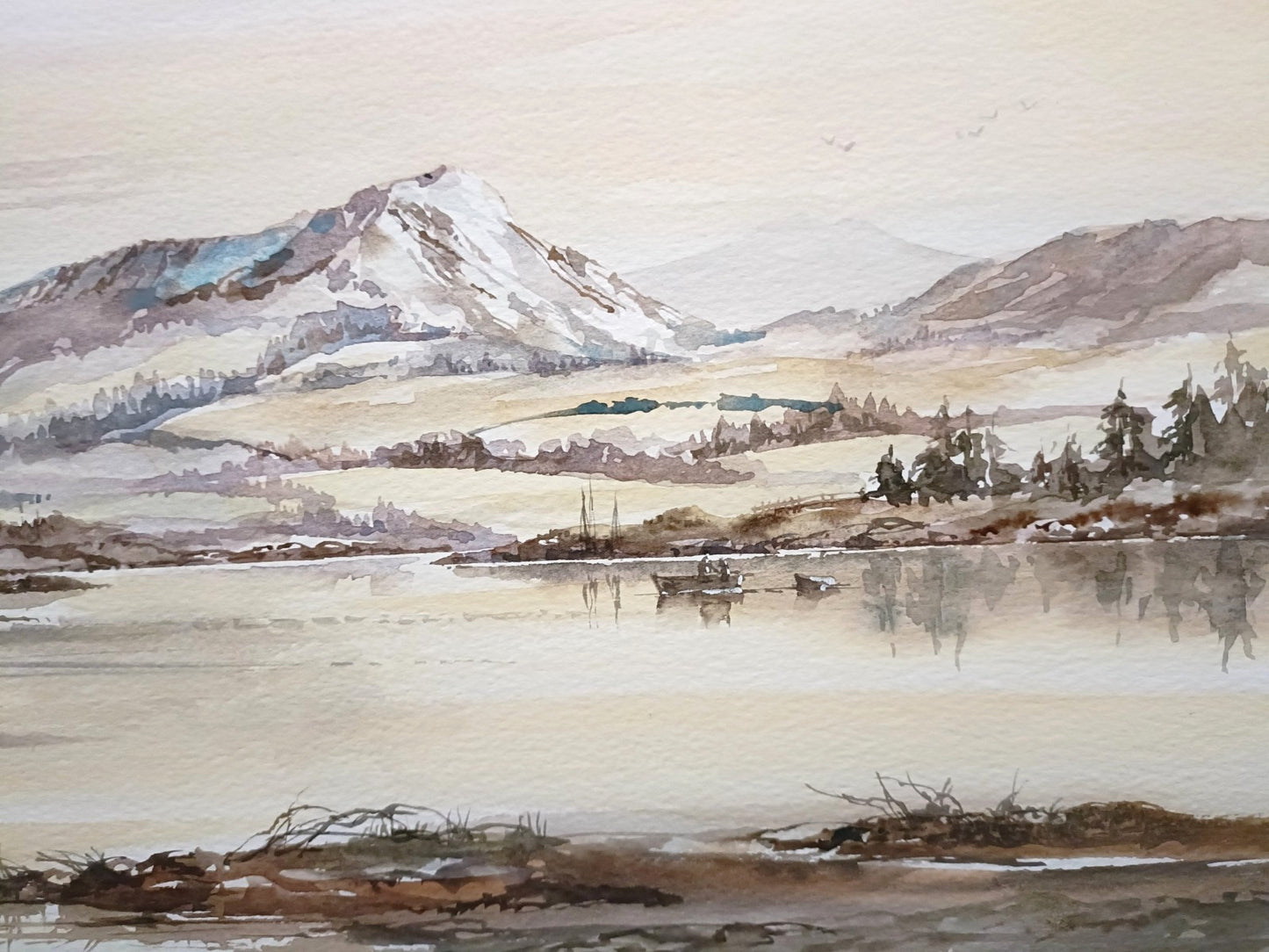 ALLAN MORGAN Original Watercolour Painting Snowy mountain and lake scene