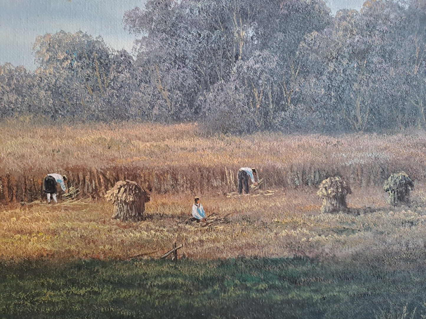 P WILSON Large Vintage Oil Embellished Print "Study of Harvesters"
