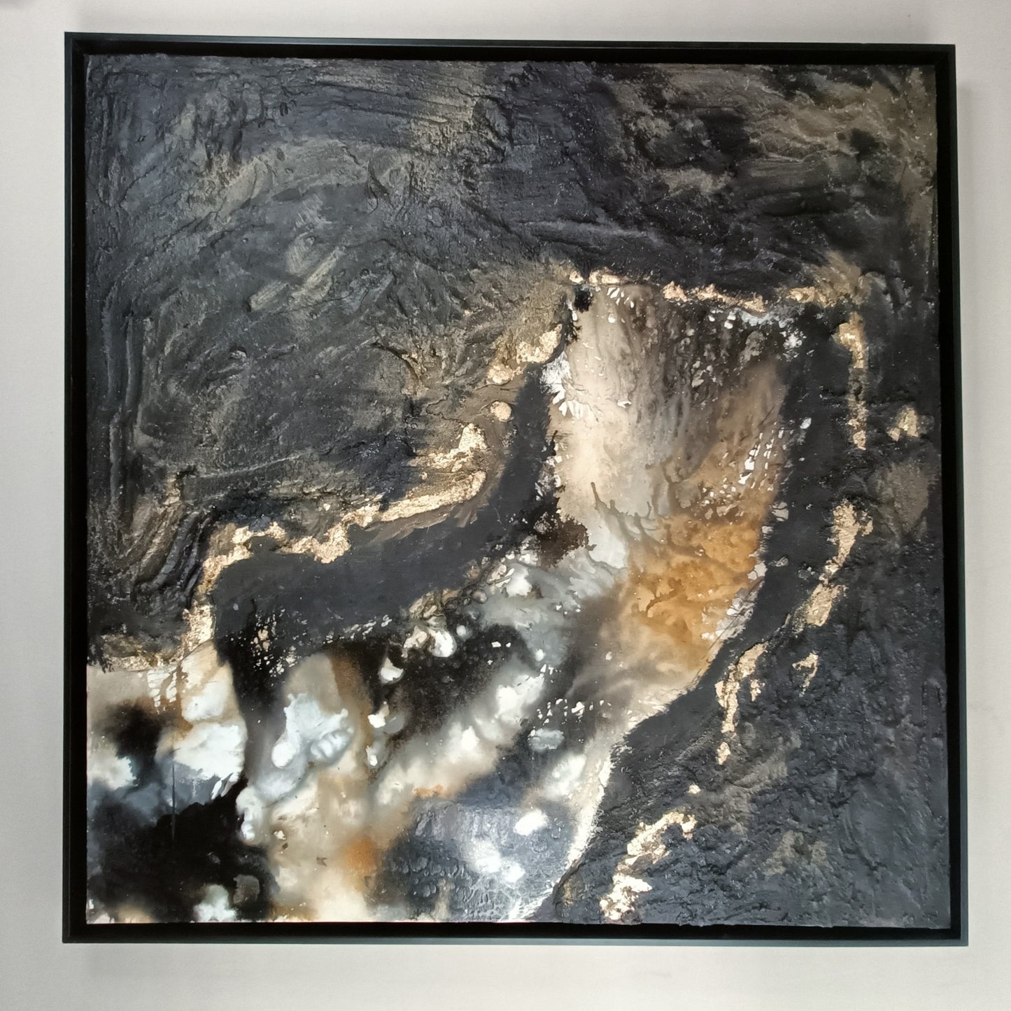 Large original abstract mixed media painting titled "Blackout" by Rajan Seth, featuring bold black and textured elements.