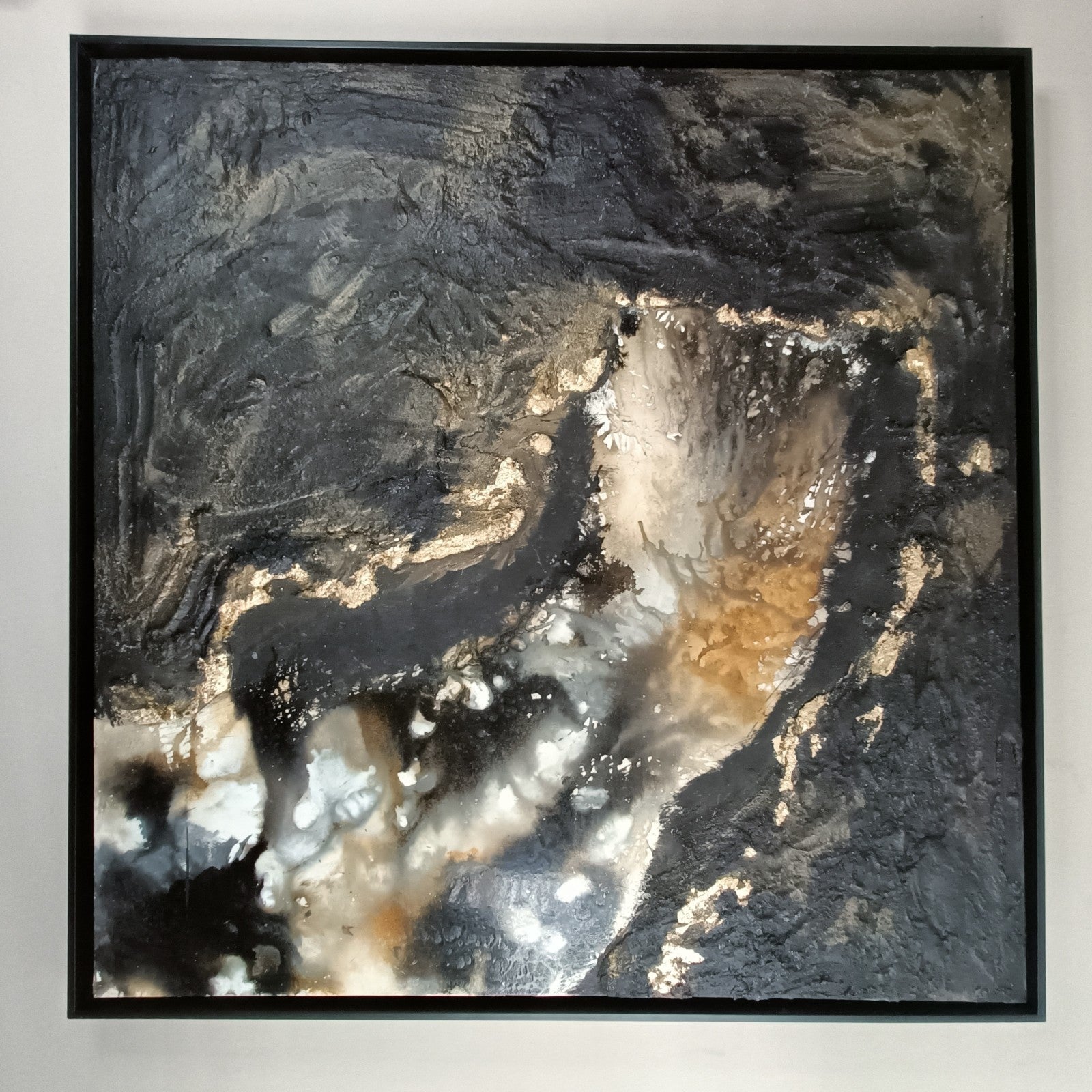 Large original abstract mixed media painting titled "Blackout" by Rajan Seth, featuring bold black and textured elements.