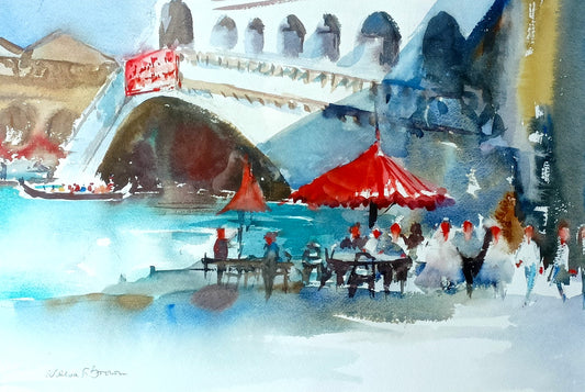 WALLACE F BROWN  Original Watercolour Painting 'Wedding party at Rialto, Venice'