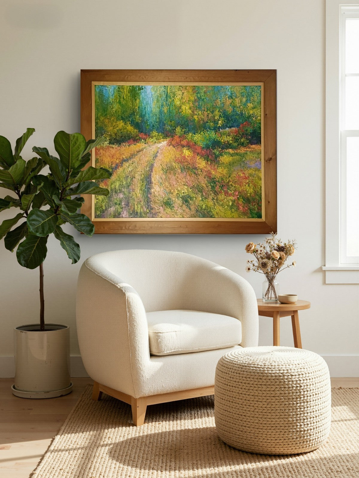 Original oil on canvas painting by June Duddleston titled “The Path to the Wood,” featuring a scenic landscape with trees and a path.