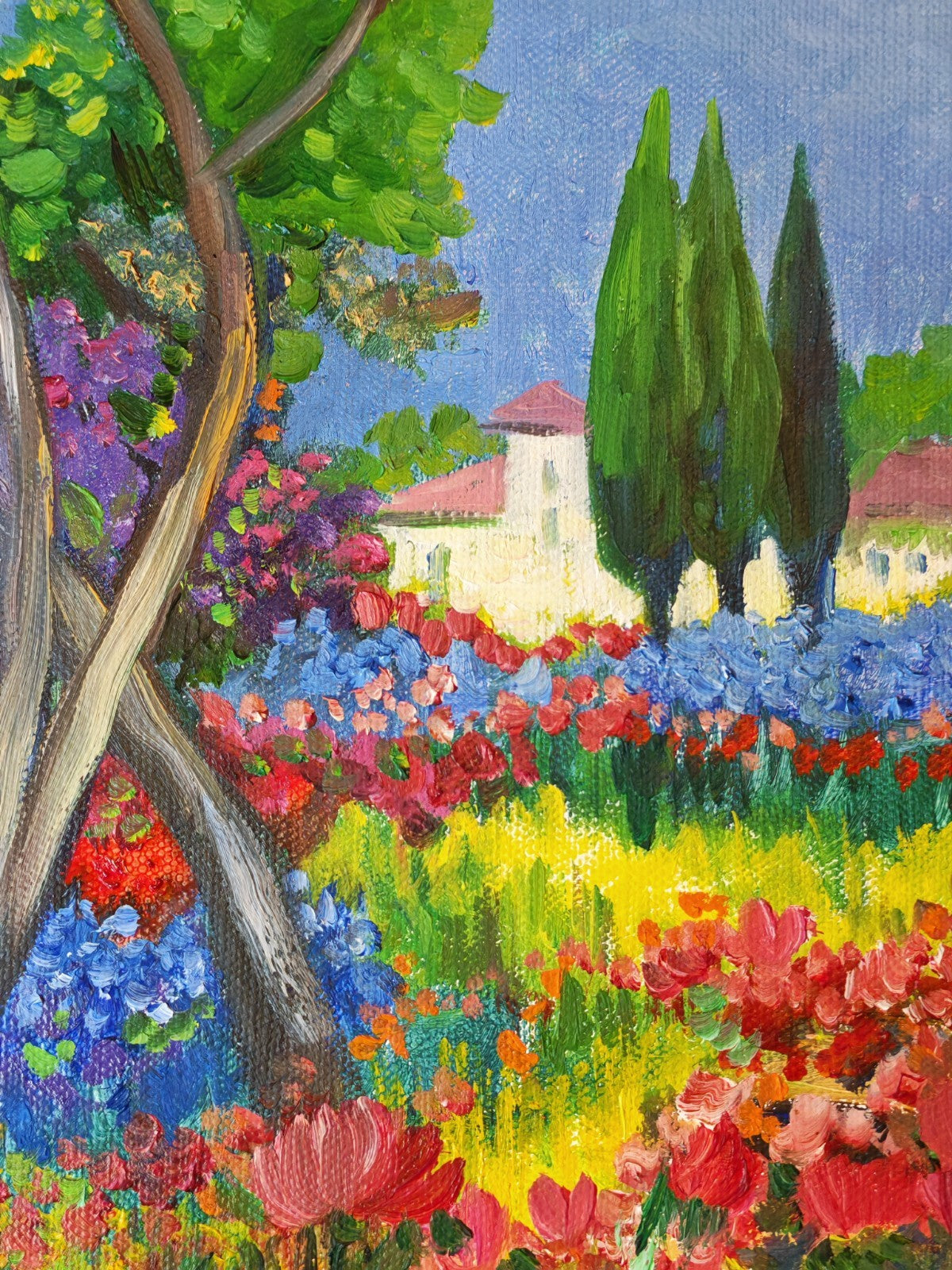 HEDDY KUN "Flower Garden with Cypress" Signed Framed Original Oil on Canvas