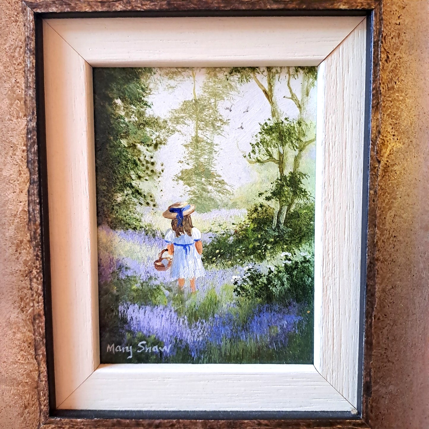 MARY SHAW Framed Original Miniature Oil Painting Girl in Lavender Field