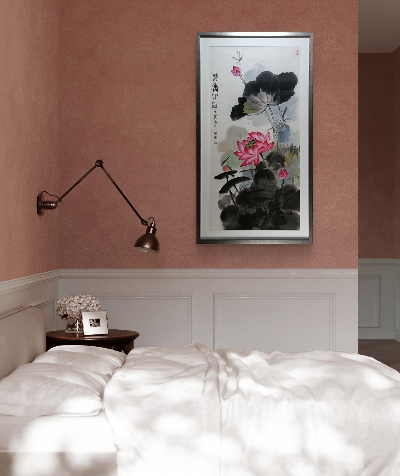 Framed Chinese ink and wash painting of a lotus flower and bird with seal stamp by Curated Treasures, traditional Asian art decor.