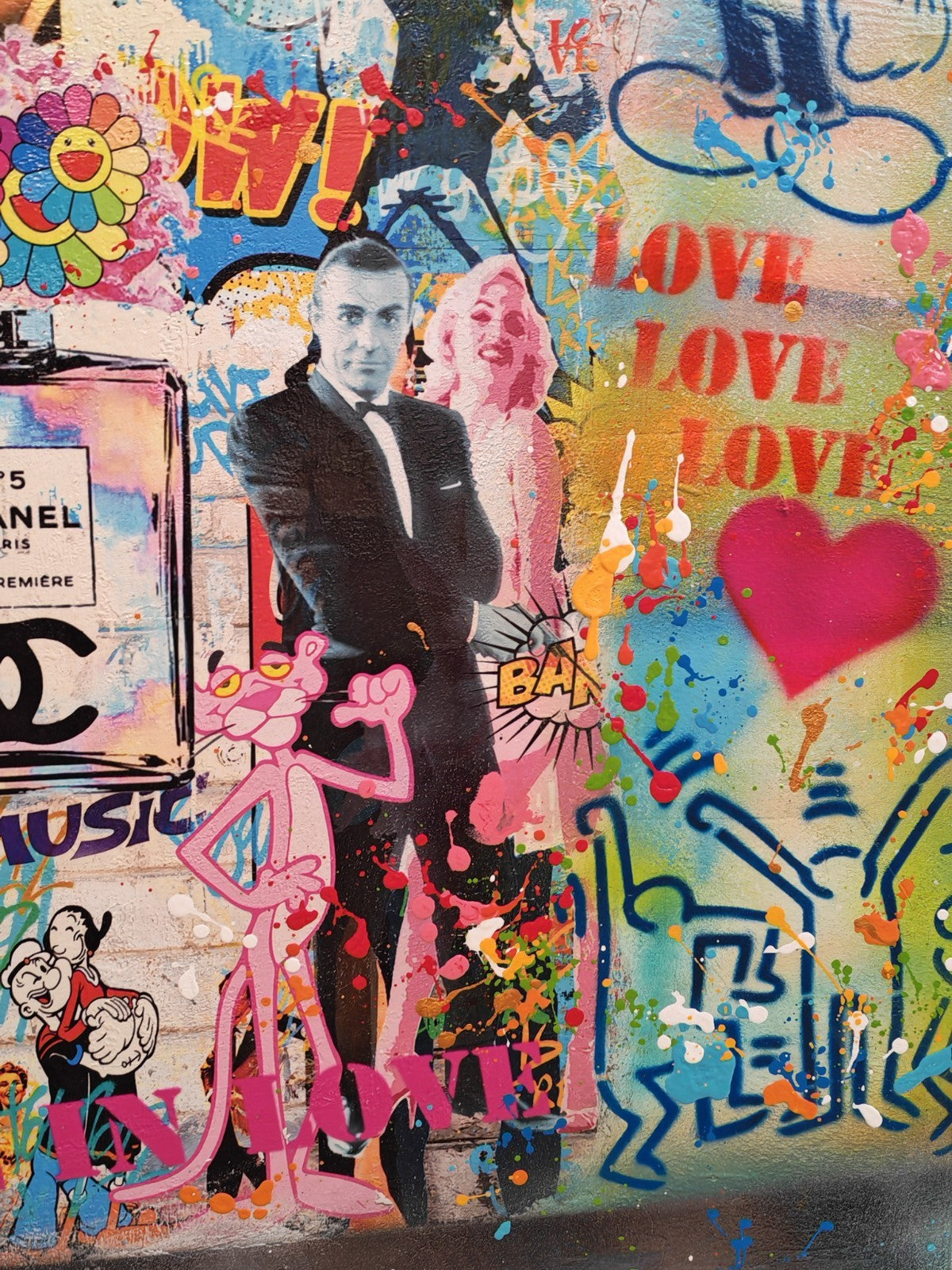 Large signed mixed media art piece titled "Love Love Love" by URI DUSHY, mounted on engineered wood, with vibrant, textured details.