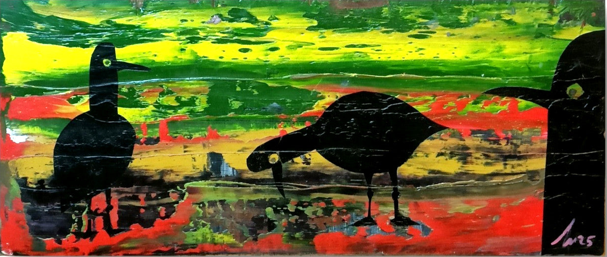 JUSTIN BOXALL Original Acrylic on Wood "Dystopian Robot Gulls" - Curated Treasures