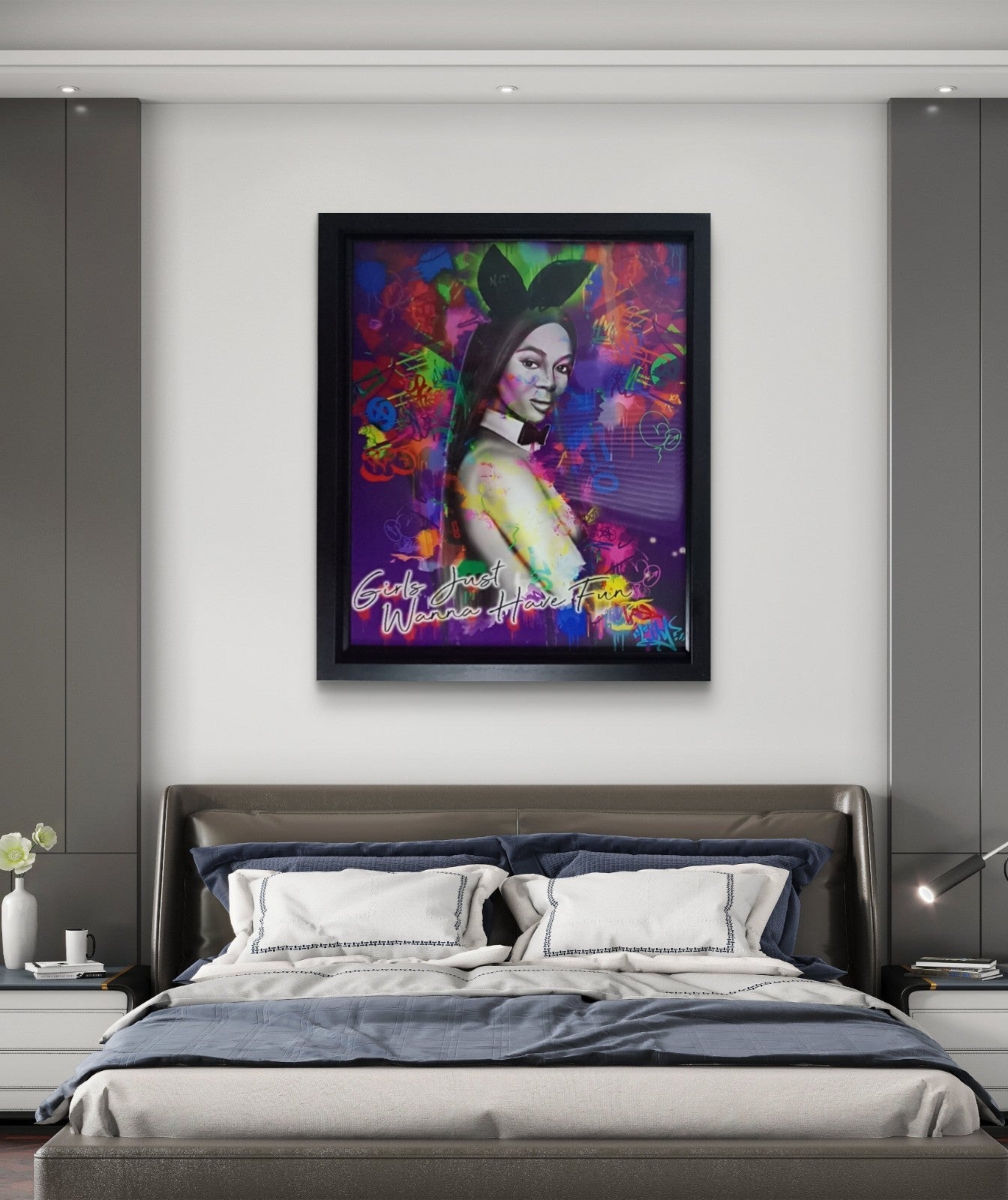 DAN PEARCE Original Lenticular Mixed Media artwork titled "Girls Just Wanna Have Fun" featuring vibrant, colorful abstract design.